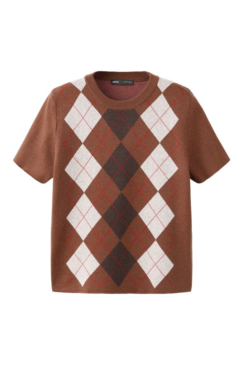 Argyle Short Sleeve Sweater, Alternate, color, BROWN