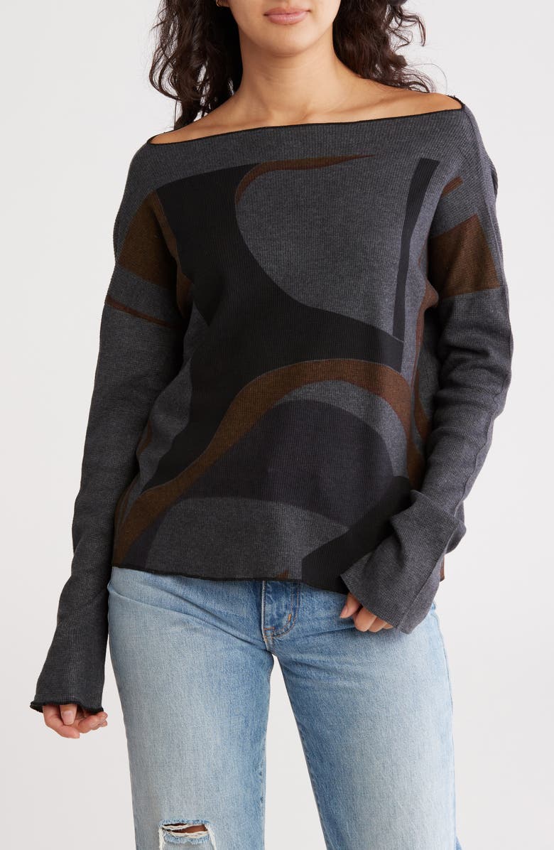 GO COUTURE Boat Neck Sweater, Main, color, Charcoal Black Geometric Print