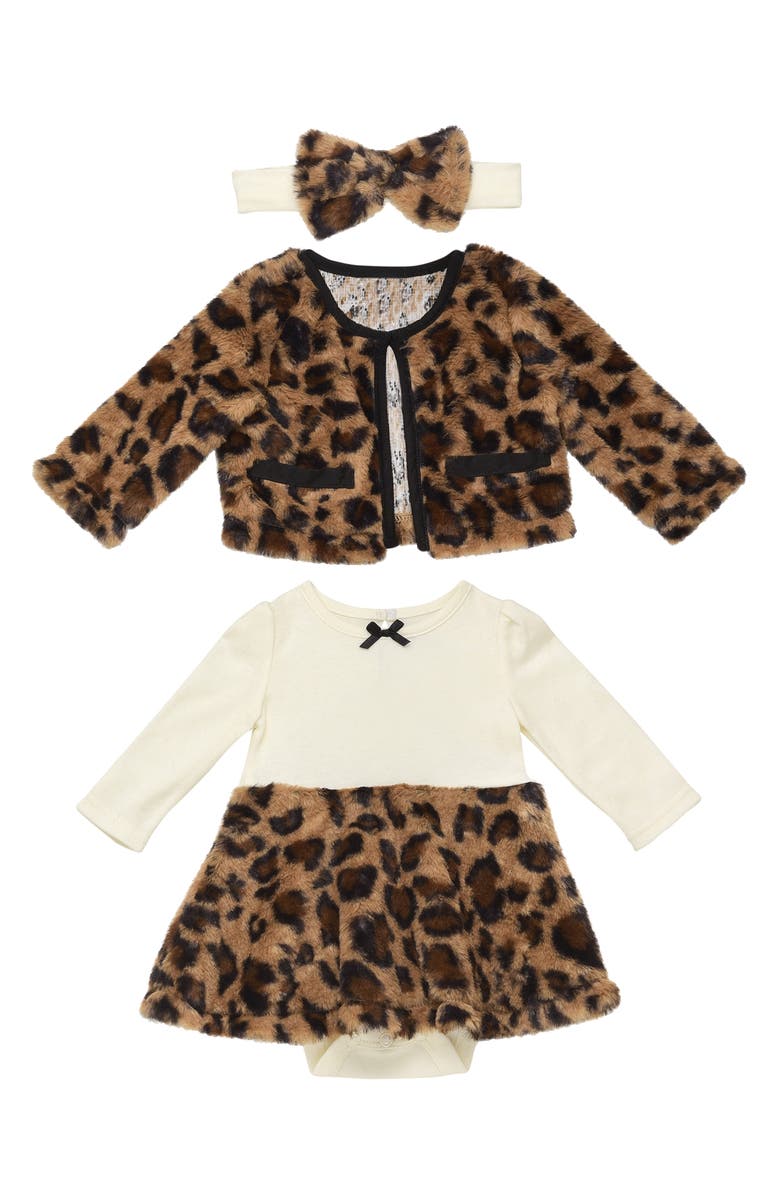 BABY STARTERS Faux Fur Jacket, Long Sleeve Skirted Bodysuit & Headband Set, Main, color, 