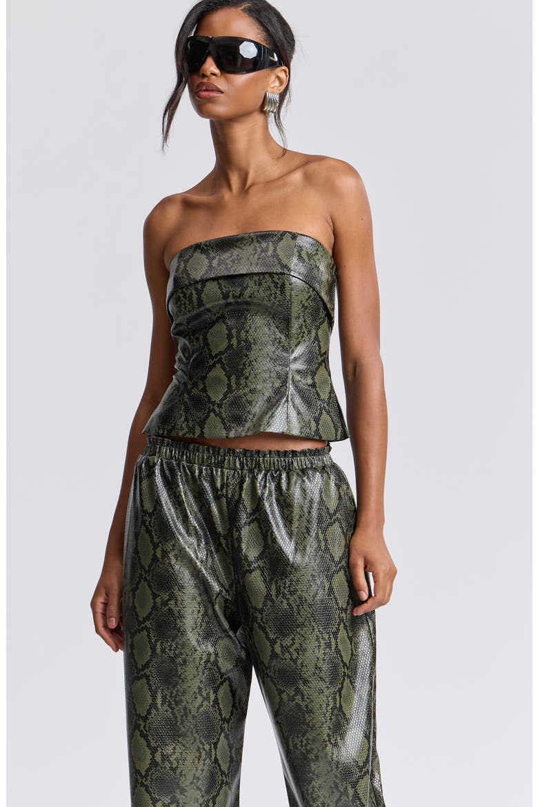 Python Print Faux Leather Strapless Top, Alternate, color, GREEN PYTHON