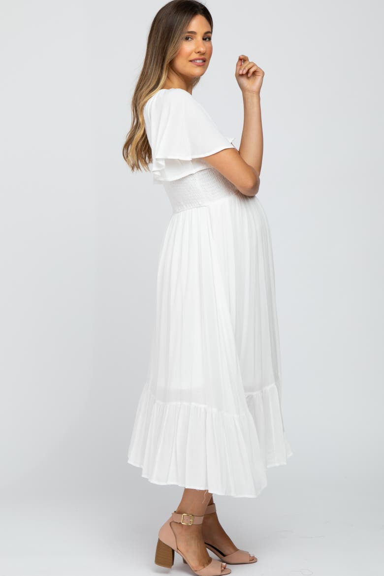 Smocked V-Neck Midi Dress, Alternate, color, White