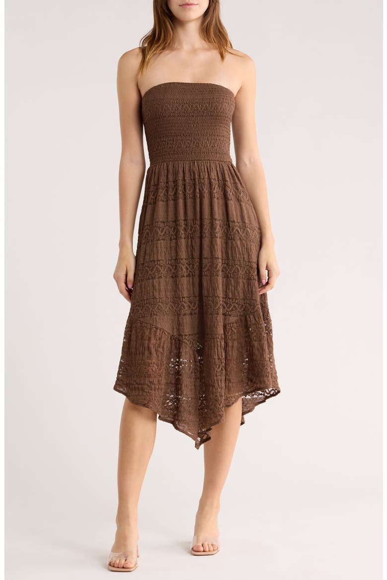 Strapless Tiered Lace Midi Dress, Main, color, BROWN QUARTZ