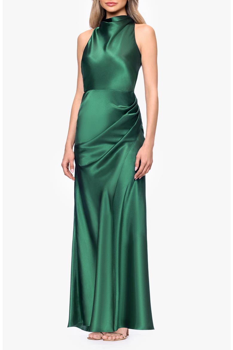 Ruched Sleeveless Satin Charmeuse Gown, Alternate, color, HUNTER