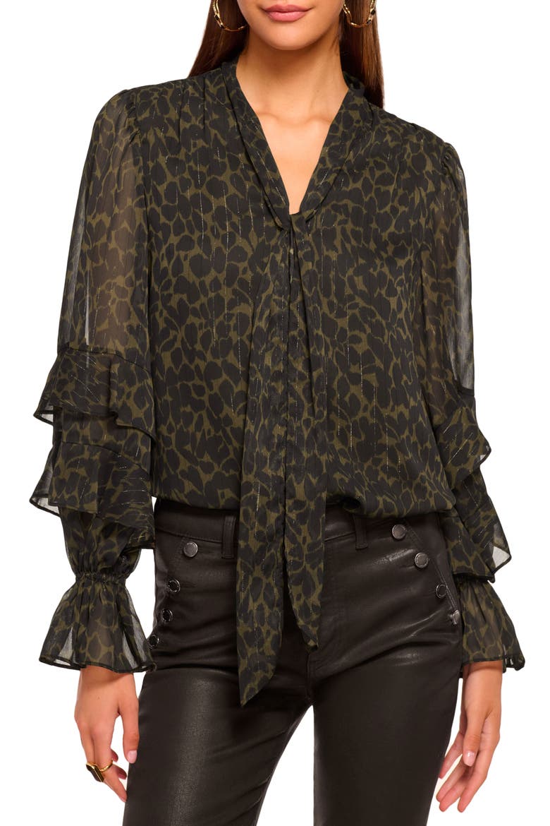 Bonnie Metallic Stripe Leaf Print Top, Main, color, BLACK / DEEP OLIVE FOLIAGE