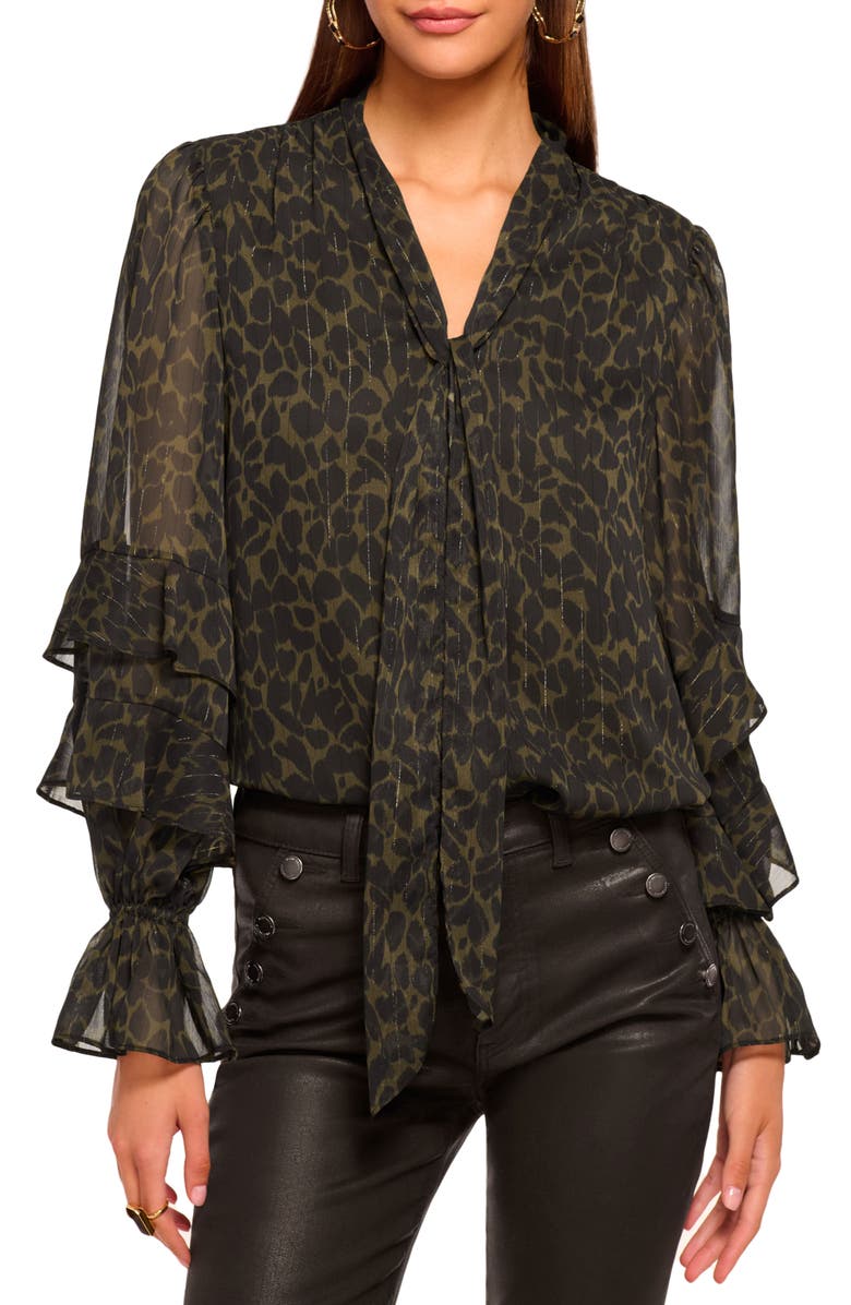 Ramy Brook Bonnie Metallic Stripe Leaf Print Top, Main, color, Black / Deep Olive Foliage