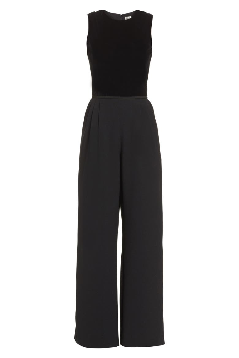 Velvet & Crepe Jumpsuit, Alternate, color, BLACK