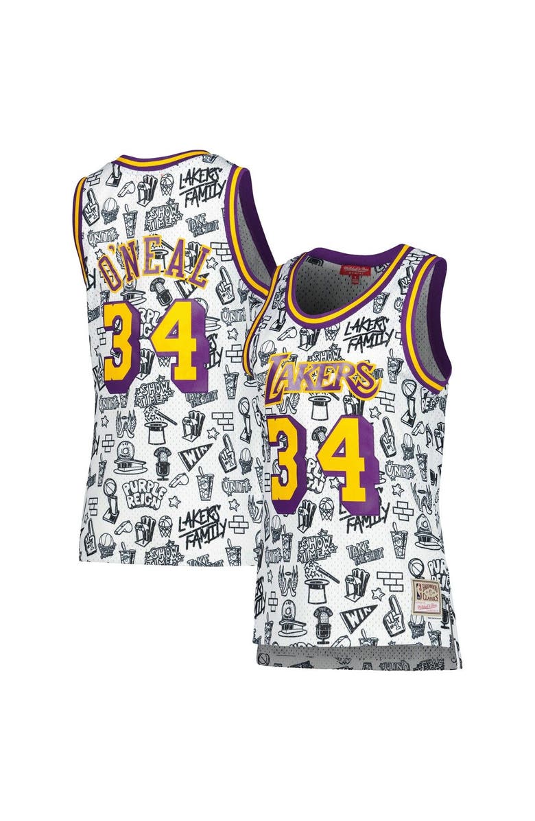 Mitchell & Ness Women's Mitchell & Ness Shaquille O'Neal White Los Angeles Lakers 1996 Doodle Swingman Jersey, Main, color, 