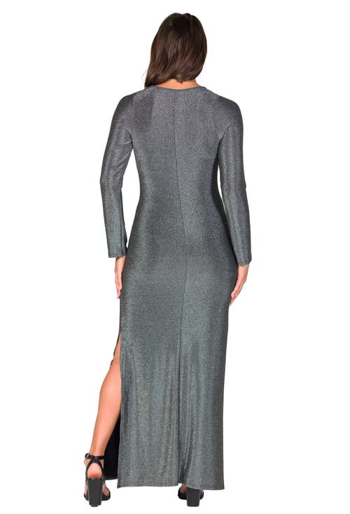 24seven Comfort Apparel Fitted Long Sleeve Shimmery Fabric Side Slit Maxi Dress In Gray