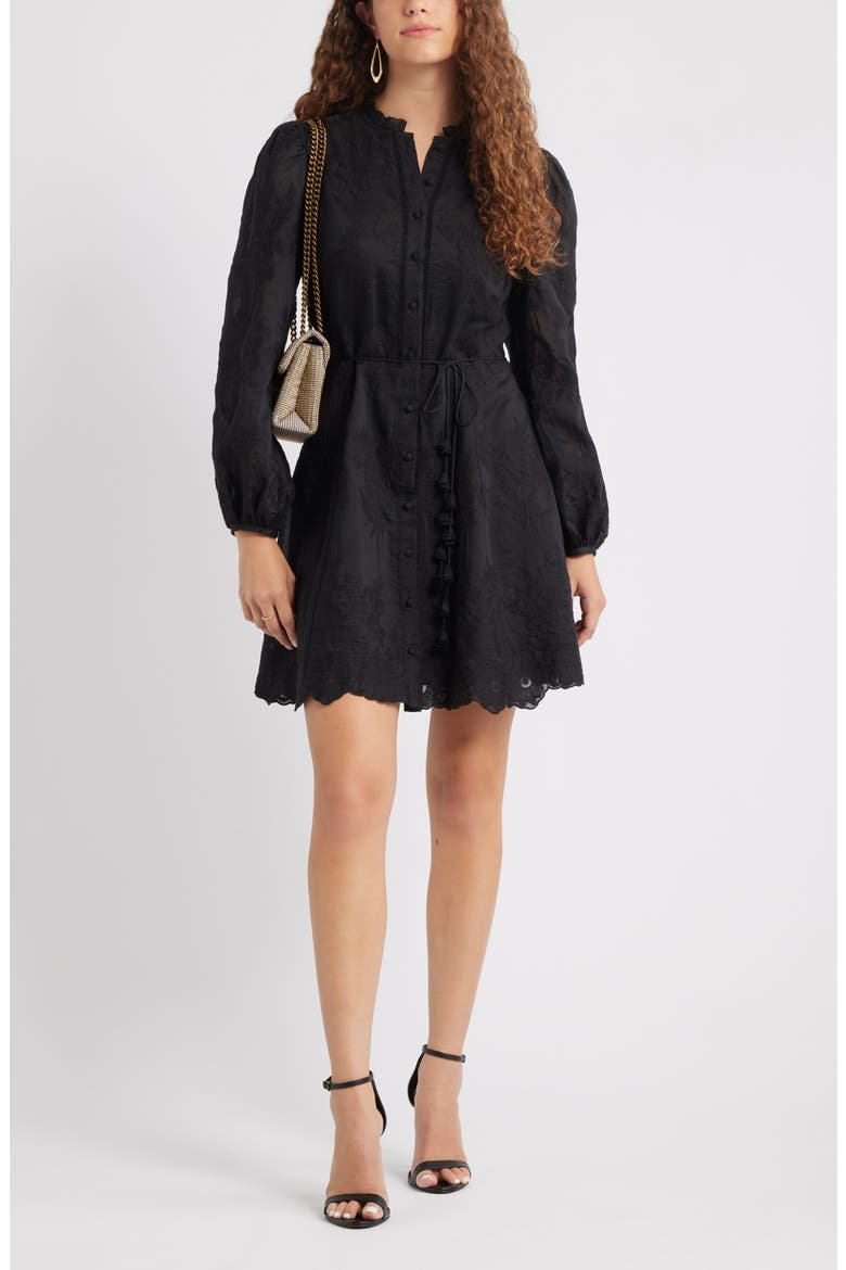 Ruffle Collar Embroidered Long Sleeve Dress, Main, color, BLACK