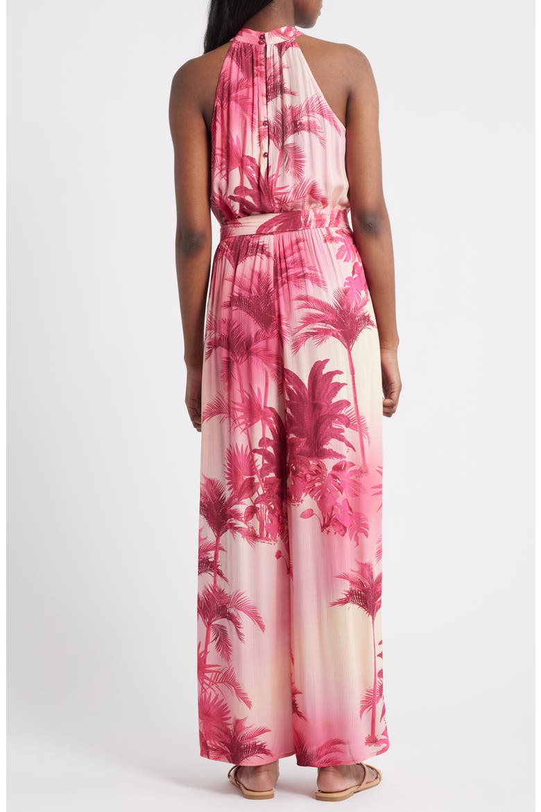 Palm Tree Print Halter Jumpsuit, Alternate, color, PINK