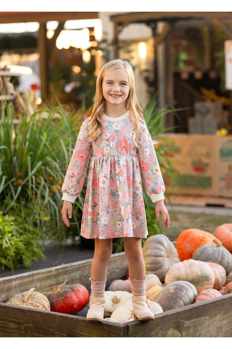 Eliza Long Sleeve Floral Ribbed Trim Empire Waist Dress, Alternate, color, Pink