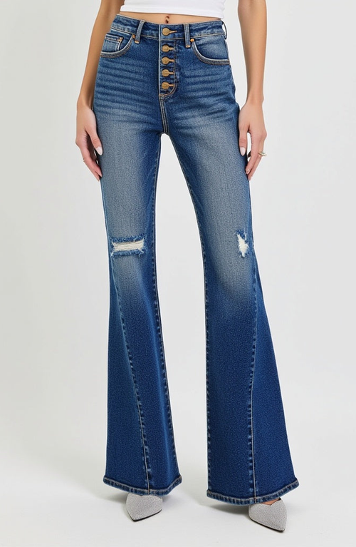 Modenaire High Rise Flare Jeans With Button Fly And Distressed Detail In Deep Indigo