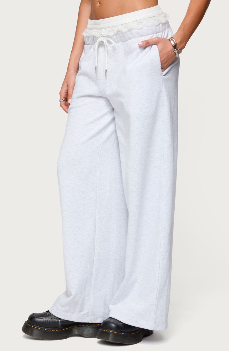 EDIKTED Tamia Peekaboo Lace Trim Wide Leg Pants, Alternate, color, Light-Grey-Melange