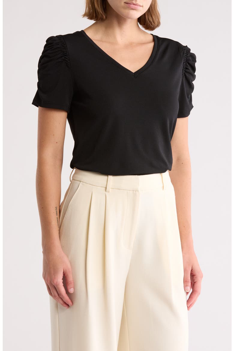 Ruched Sleeve V-Neck T-Shirt, Main, color, BLACK