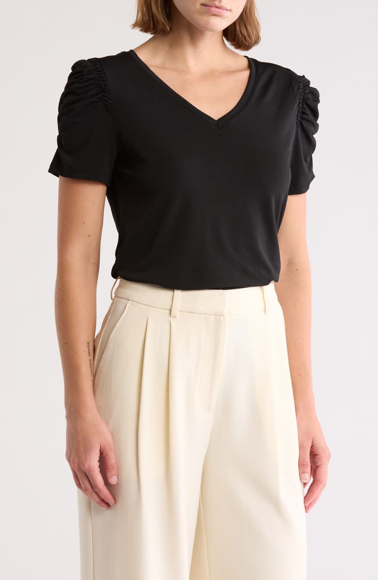 T Tahari Ruched Sleeve V-Neck T-Shirt, Main, color, Black