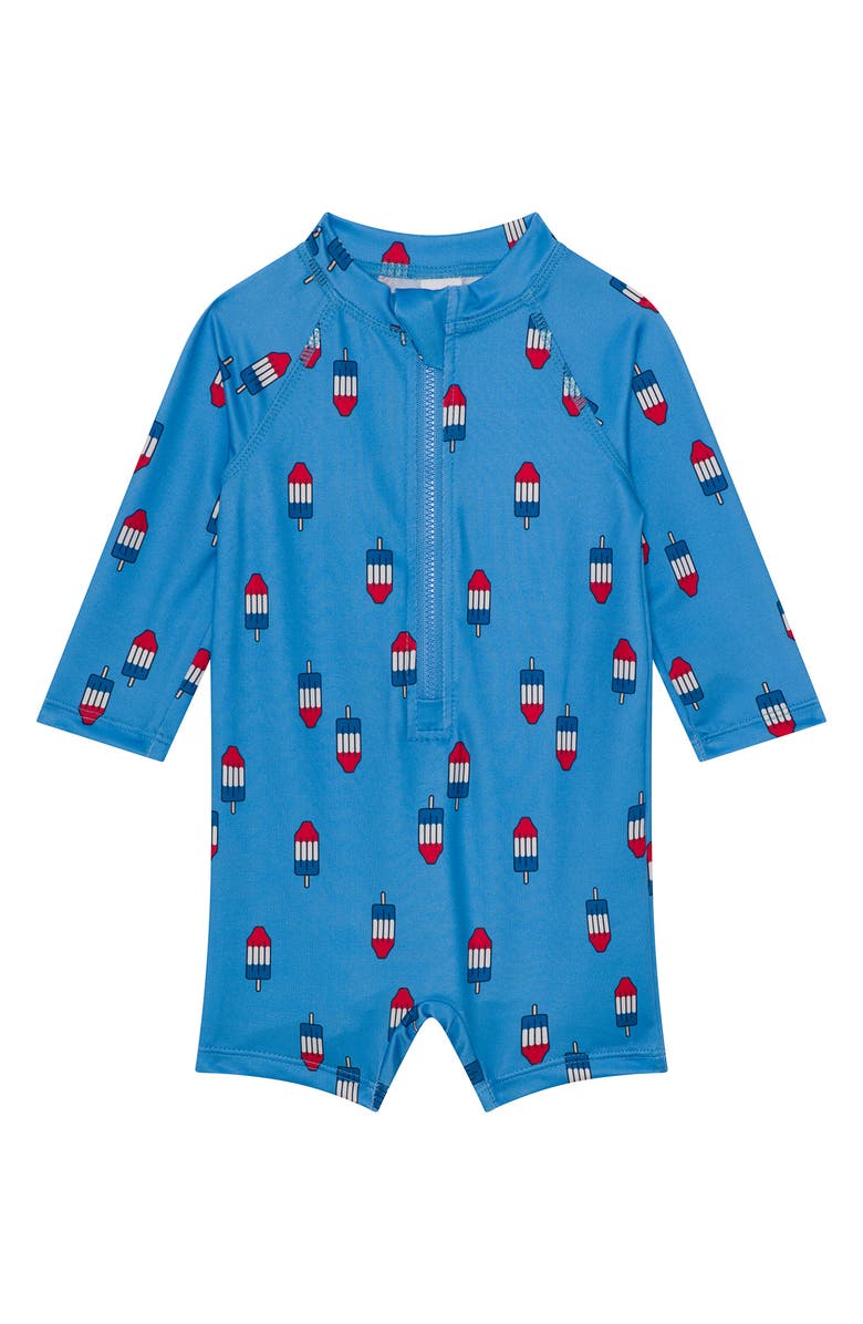 PL Baby by Petit Lem One-Piece Rashguard Swimsuit & Hat Set, Alternate, color, Blue Popsicle