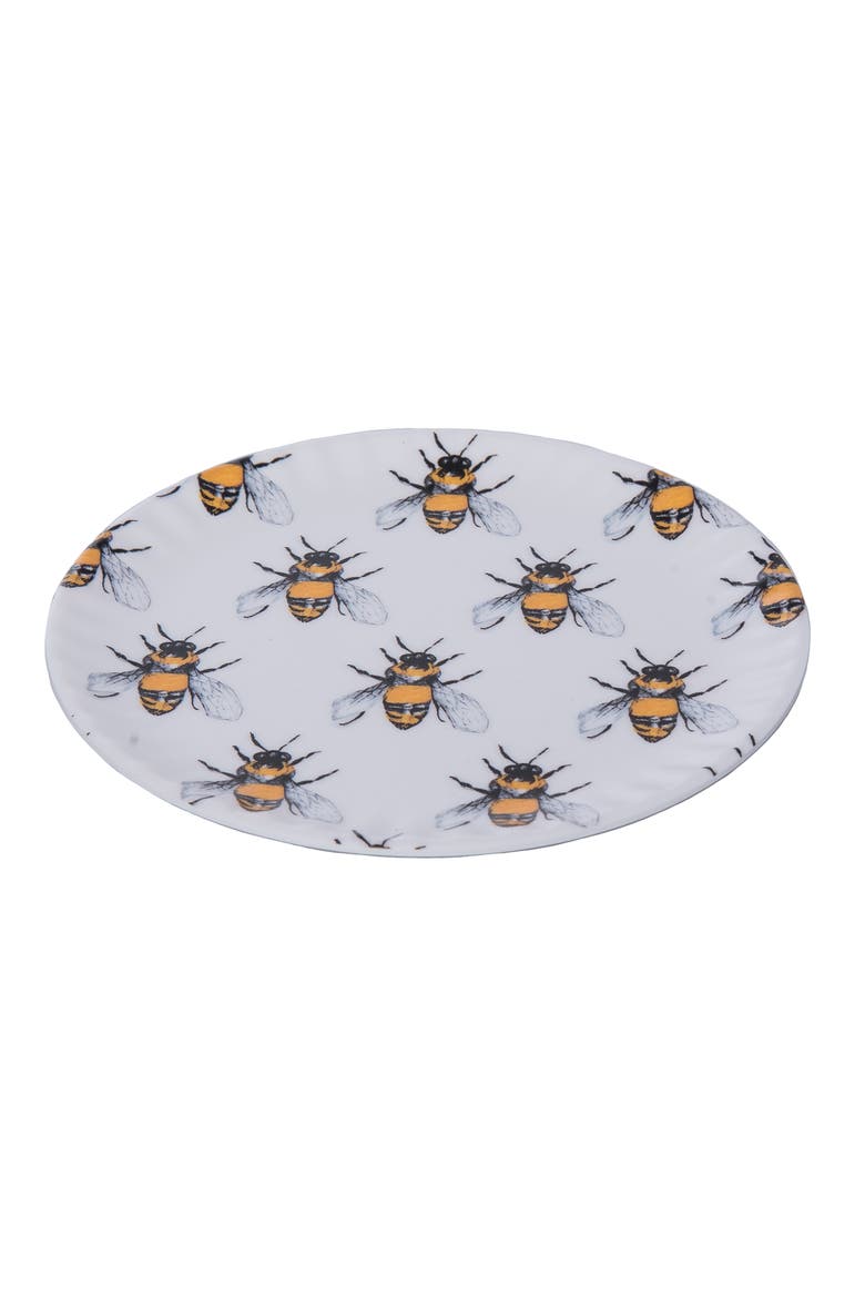 Melamine Bee Appetizer Plate Set of 4 Multicolored for Spring Serving and Entertaining, Alternate, color, White