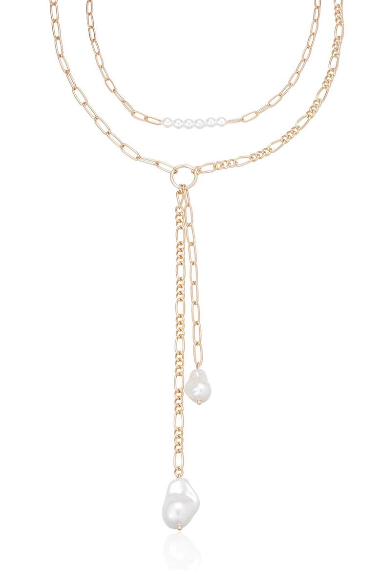 Faux Pearl Mixed Chain Layered Y-Necklace, Main, color, GOLD