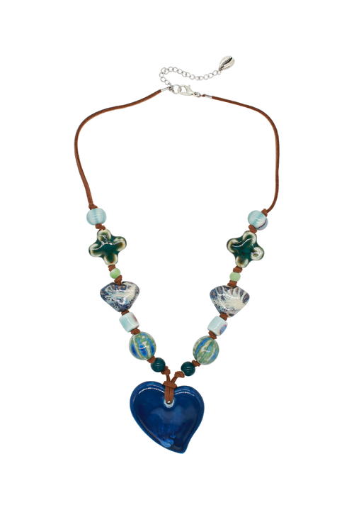 Velvet Luna Ceramic Heart Suede Cord Necklace In Blue