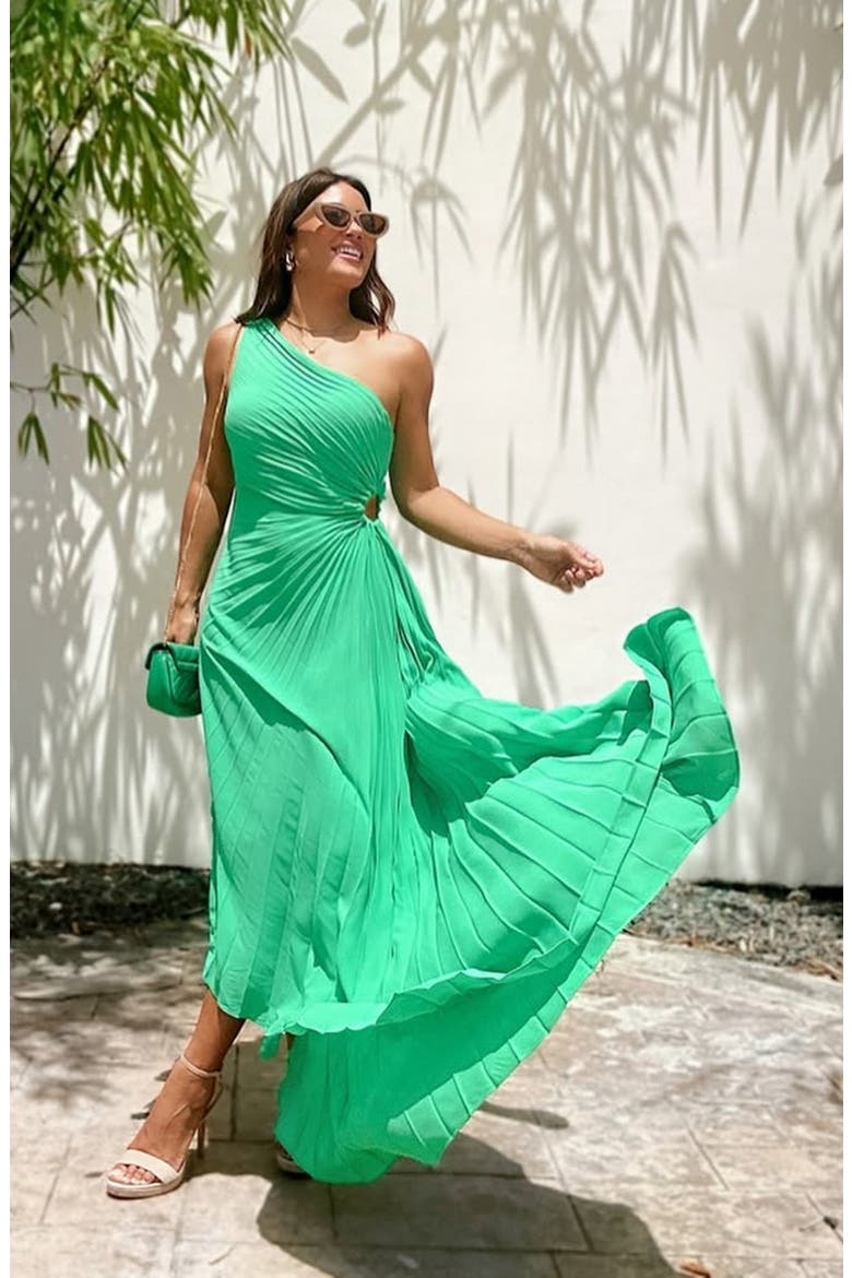 One Shoulder Pleat Midi Dress, Alternate, color, LILY PAD