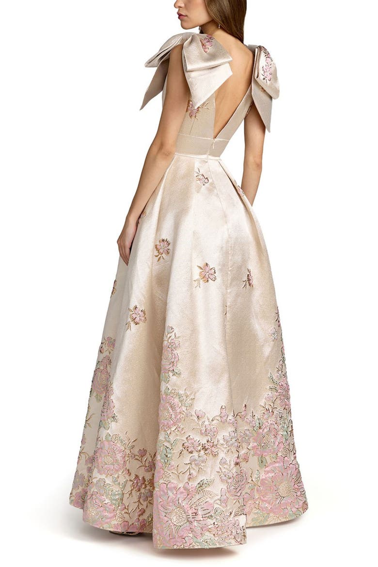 Brocade V Neck Gown With Bow Straps, Alternate, color, Champagne Multi