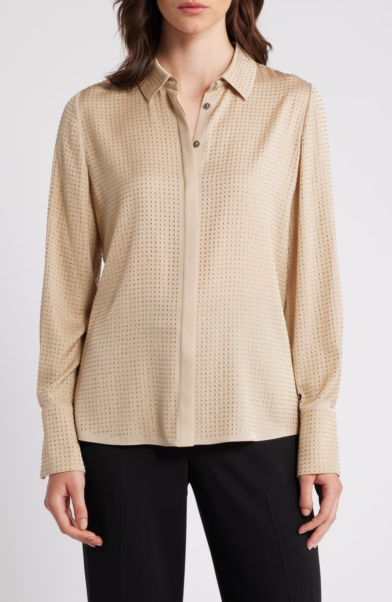 KOBI HALPERIN Studded Stretch Silk Blend Button-Up Shirt, Main, color, Palomino