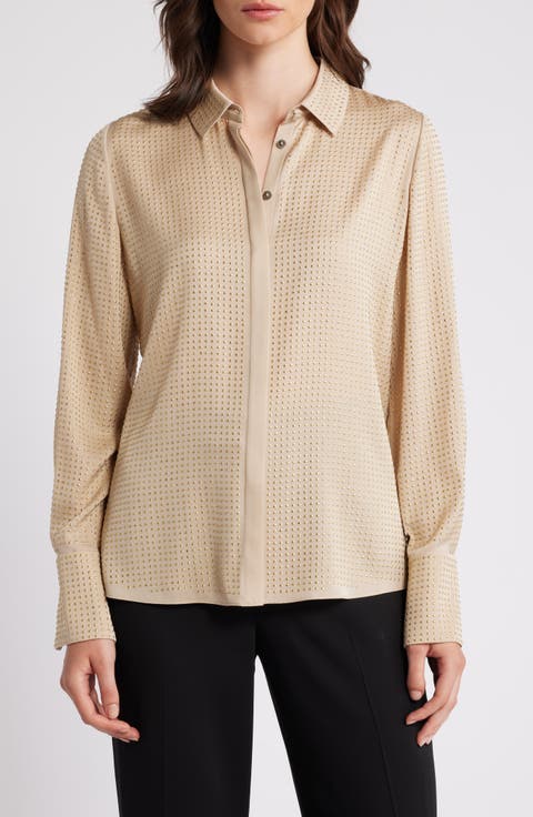 Studded Stretch Silk Blend Button-Up Shirt