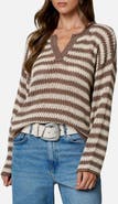 Blu Pepper Stripe Notch Neck Long Sleeve Sweater