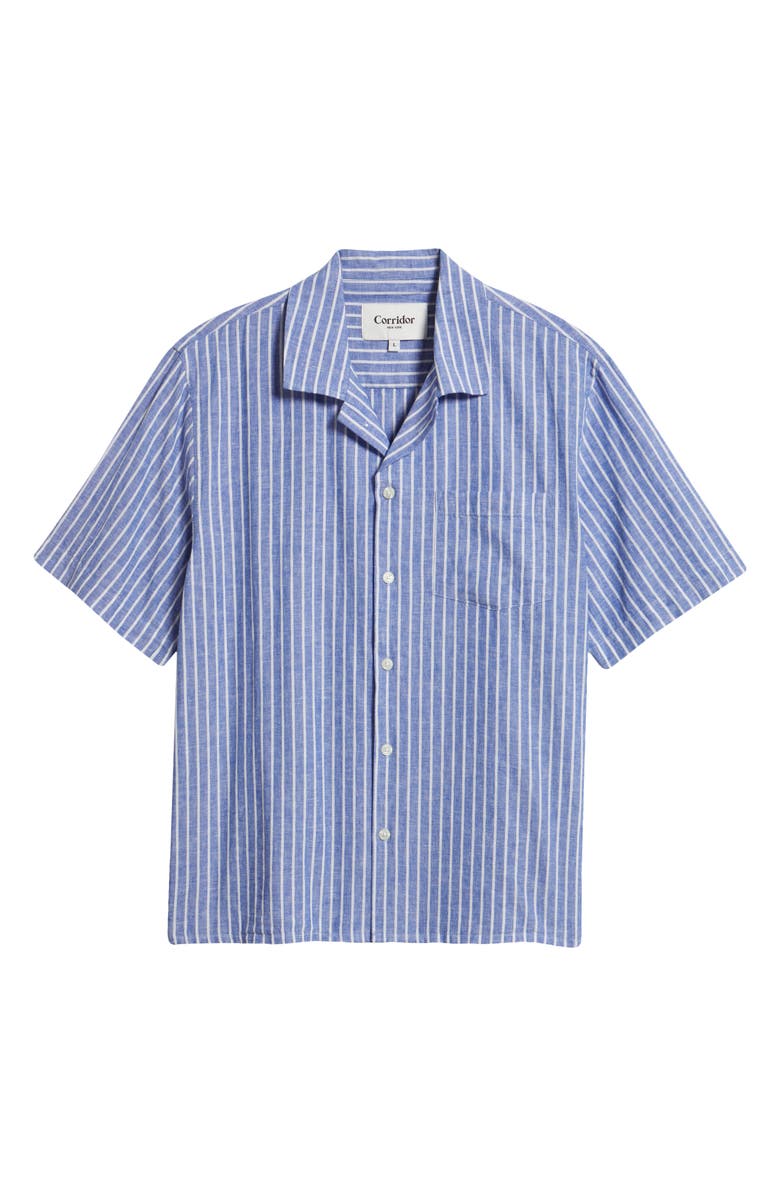 Corridor Stripe Linen & Cotton Camp Shirt, Main, color, Blue