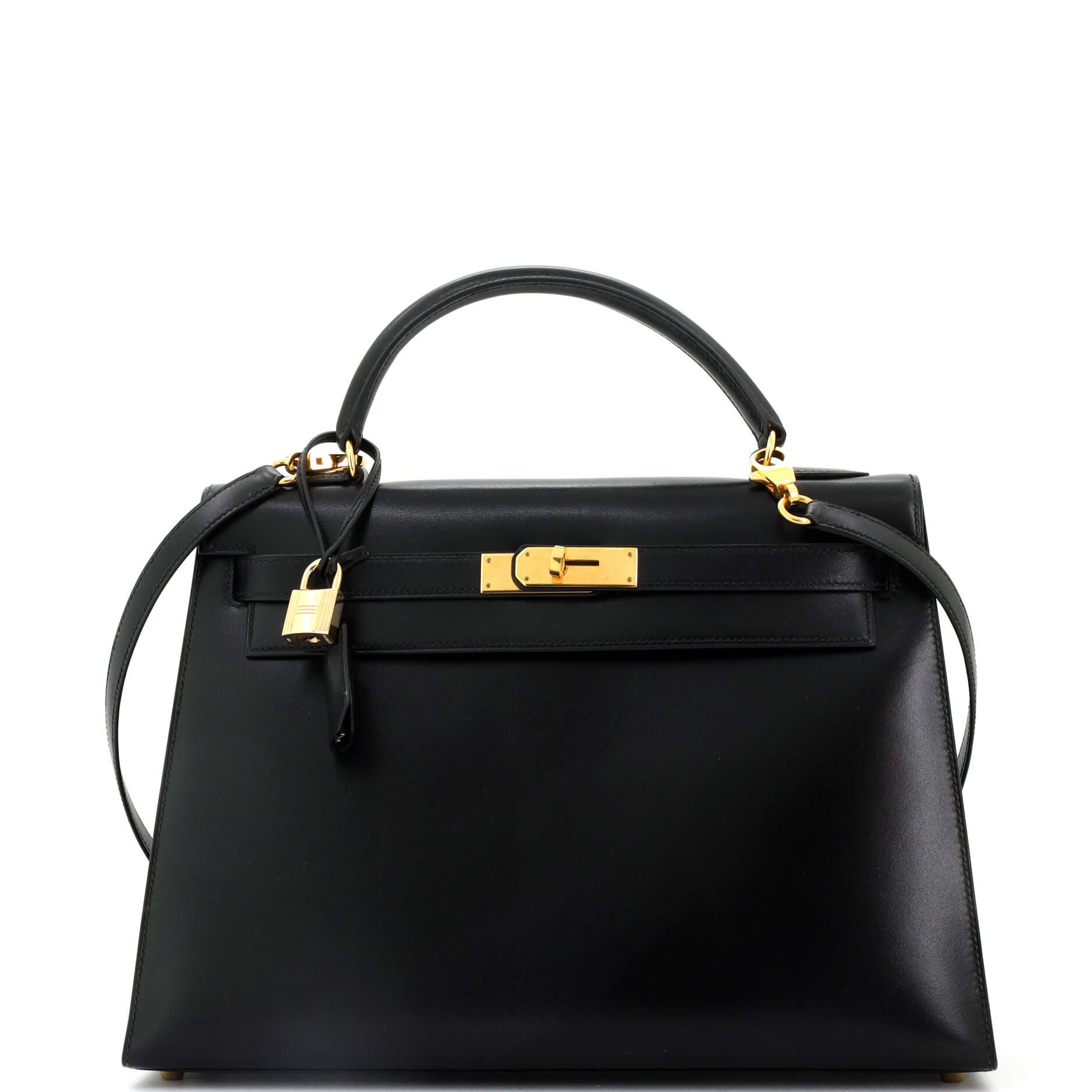 Pre-Owned Hermes Kelly Handbag Black Box Calf with Gold Hardware 32, Main, color, 