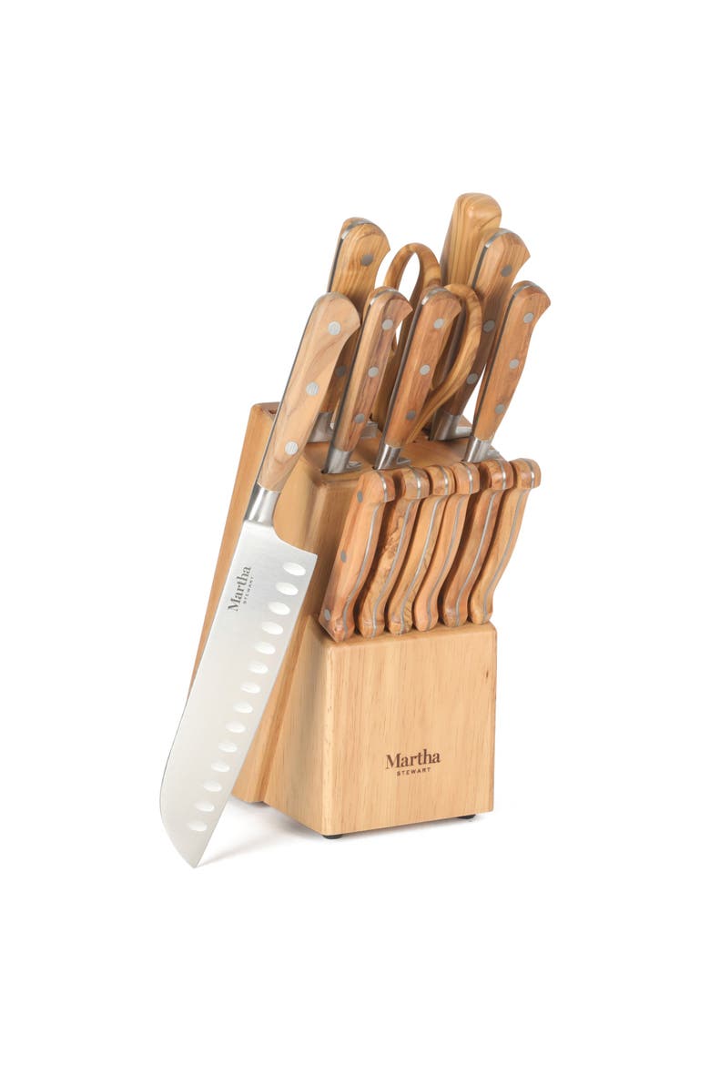 Austenwood 15-Piece German Stainless Steel Knife Block Set with Italian Olive Wood Handle, Alternate, color, Stainless
