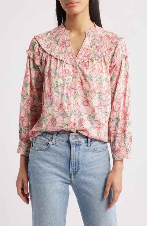 Floral Print Smocked Yoke Button-Up Top