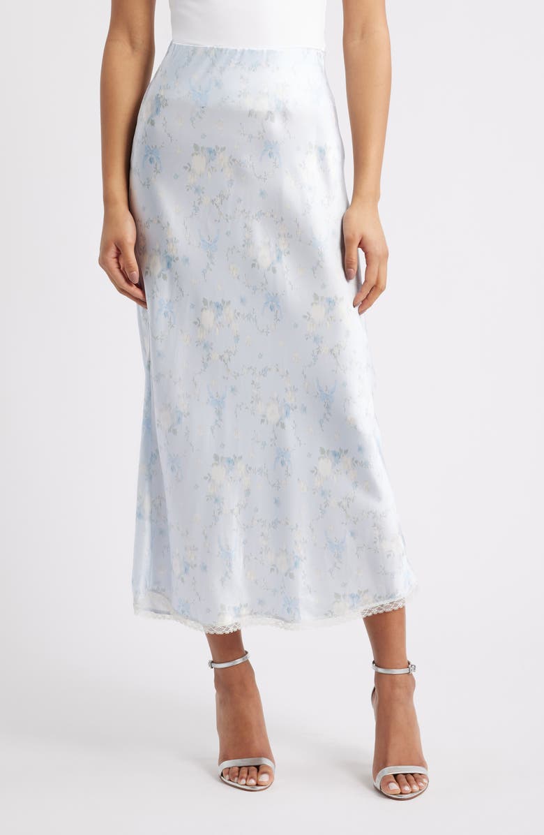 LoveShackFancy Kalo Lace Trim Satin Skirt, Main, color, Snowdrop Blue