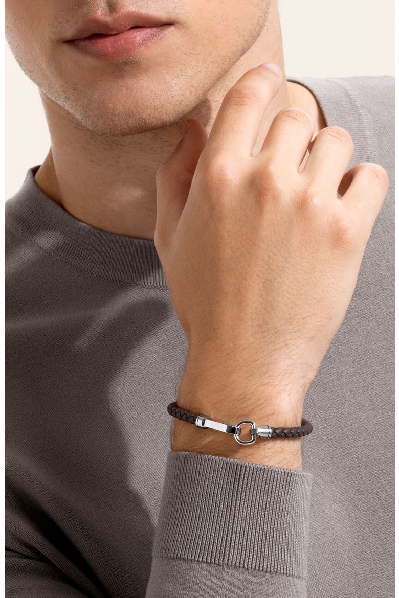 Men's Hook Clasp Bracelet, Leather, 5mm, Alternate, color, SILVER BROWN