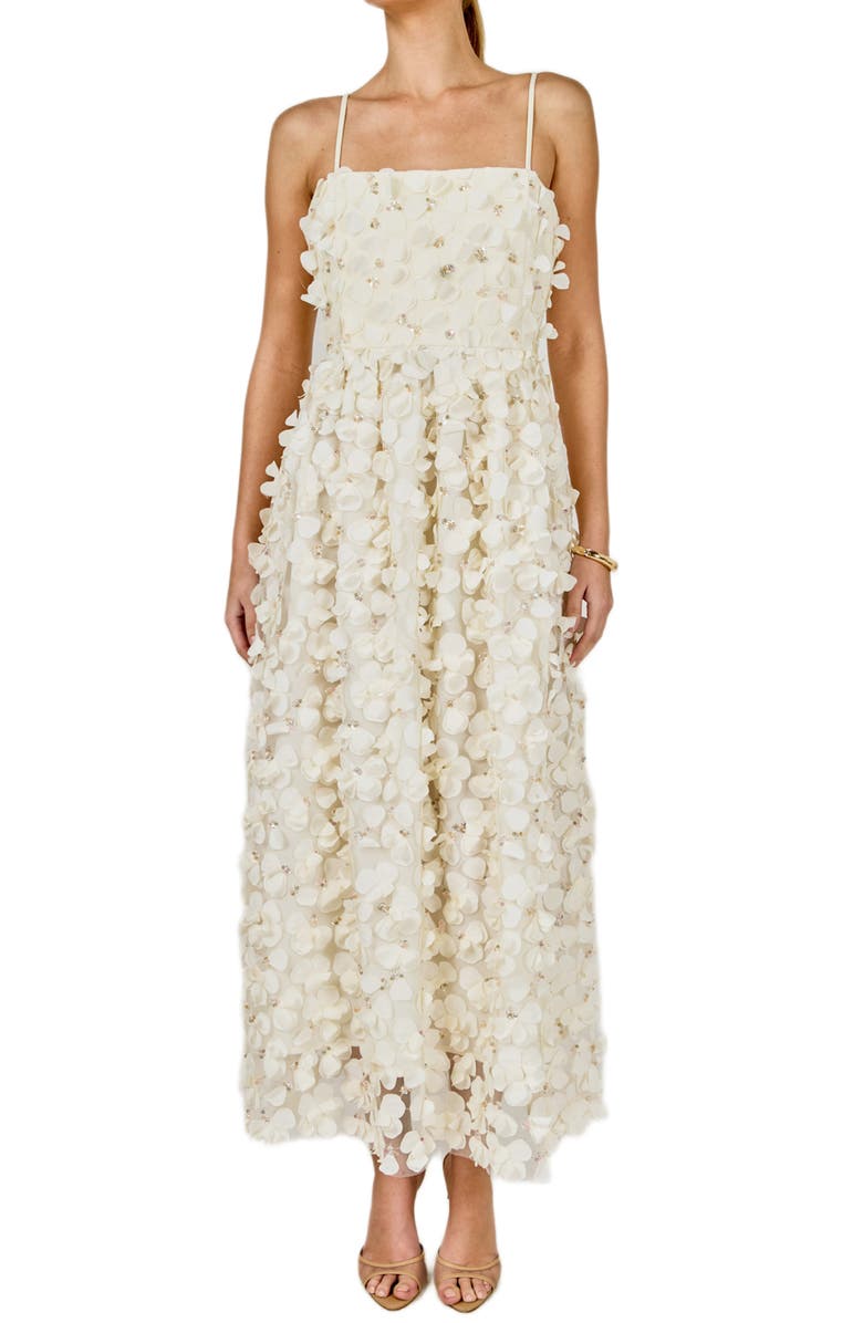 Endless Rose 3-D Sequin Floral Maxi Dress, Main, color, Off White