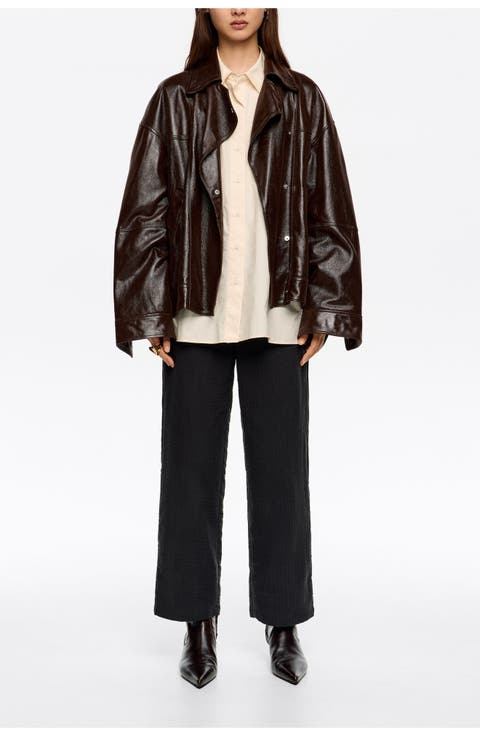 Textured Cotton Straight Leg Trousers