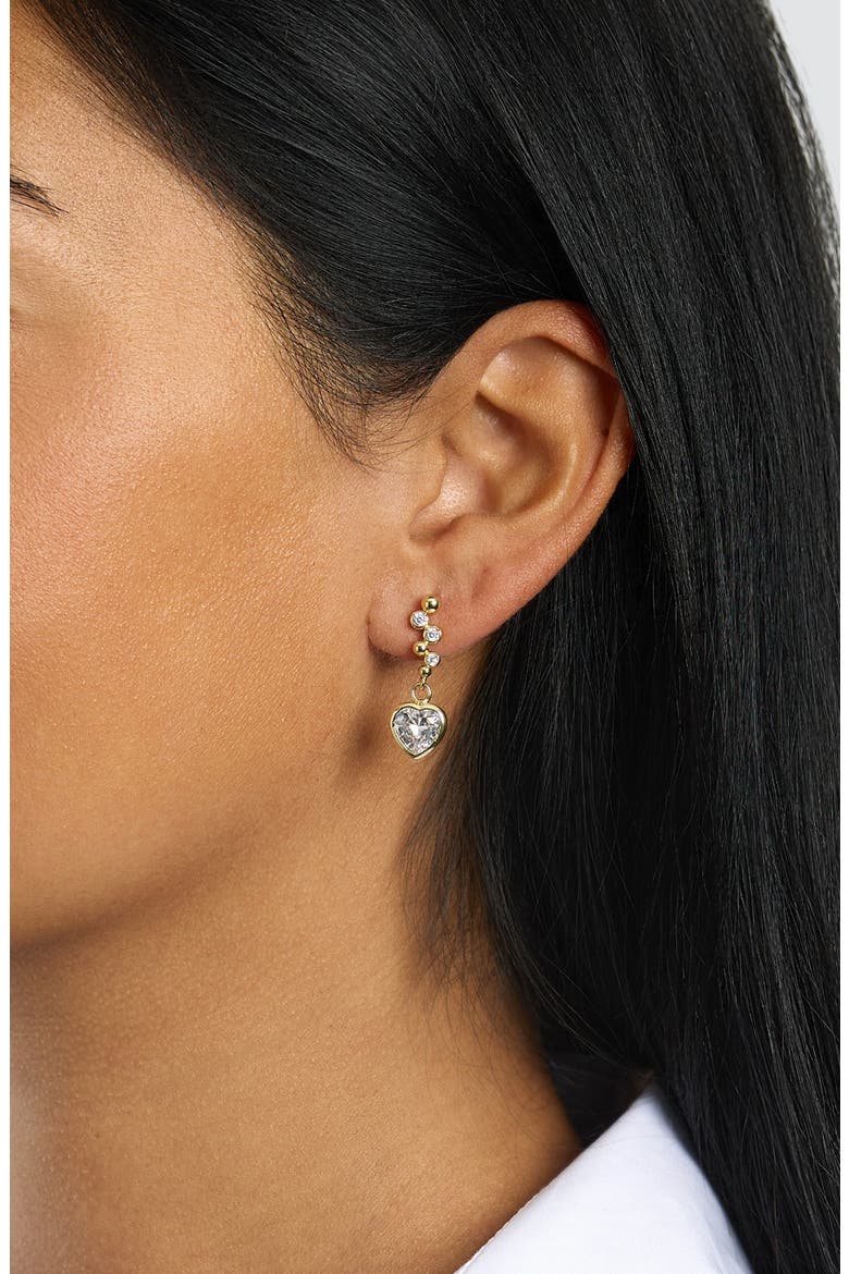 Cubic Zirconia Bezel Heart Drop Earrings, Alternate, color, GOLD