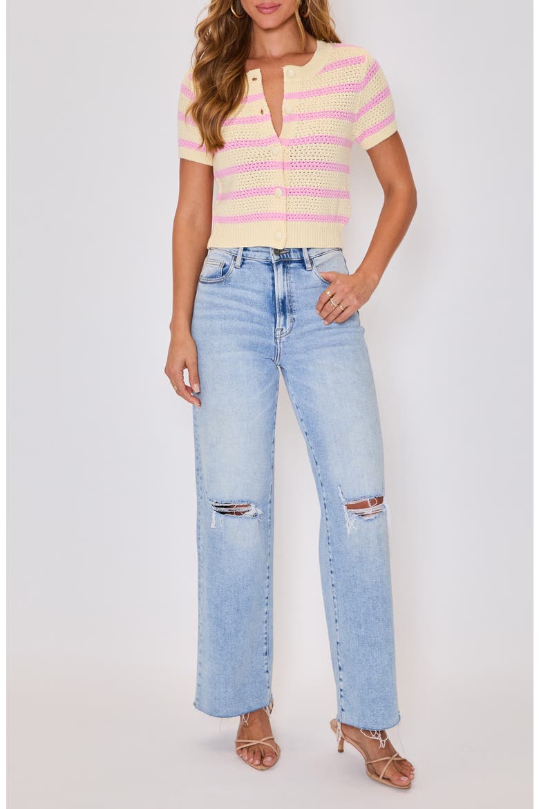 Jessica Stripe Open Stitch Short Sleeve Cardigan, Alternate, color, YELLOW/PINK