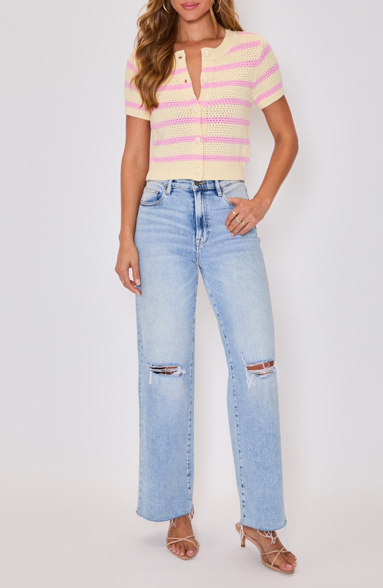 VICI Collection Jessica Stripe Open Stitch Short Sleeve Cardigan, Alternate, color, Yellow/Pink