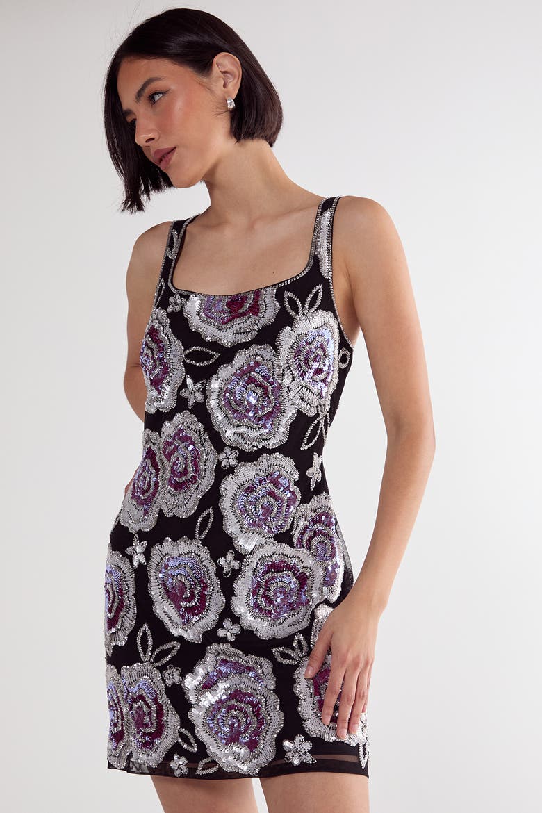 Beaded Flower Sequin Mini Dress, Main, color, Black