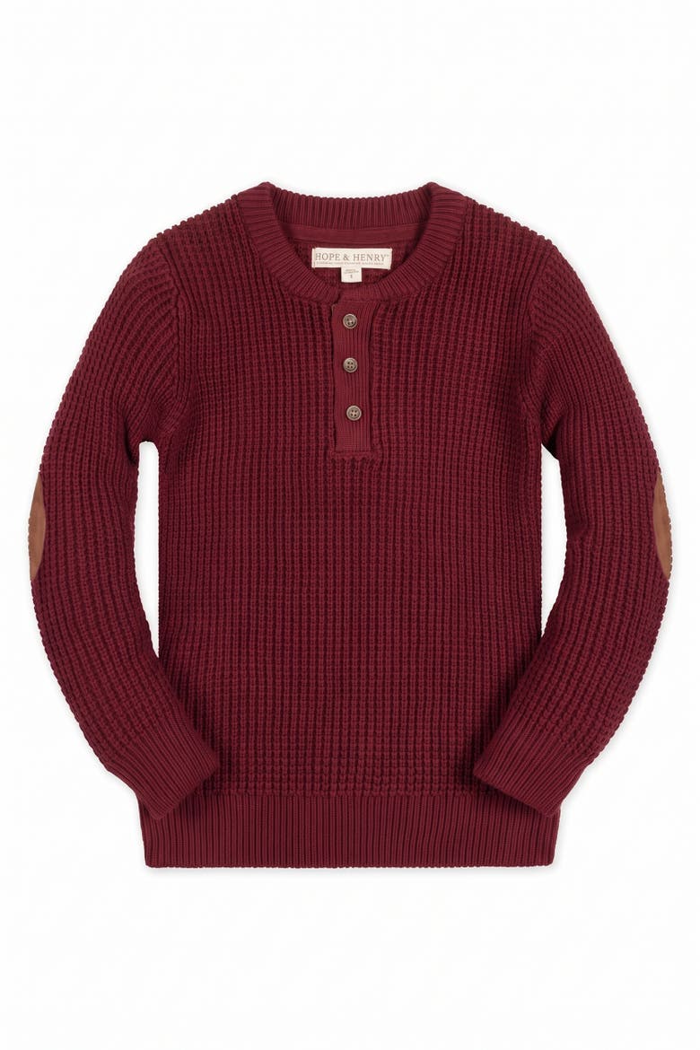 Kids' Organic Cotton Elbow Patch Henley Sweater, Main, color, Oxblood Waffle