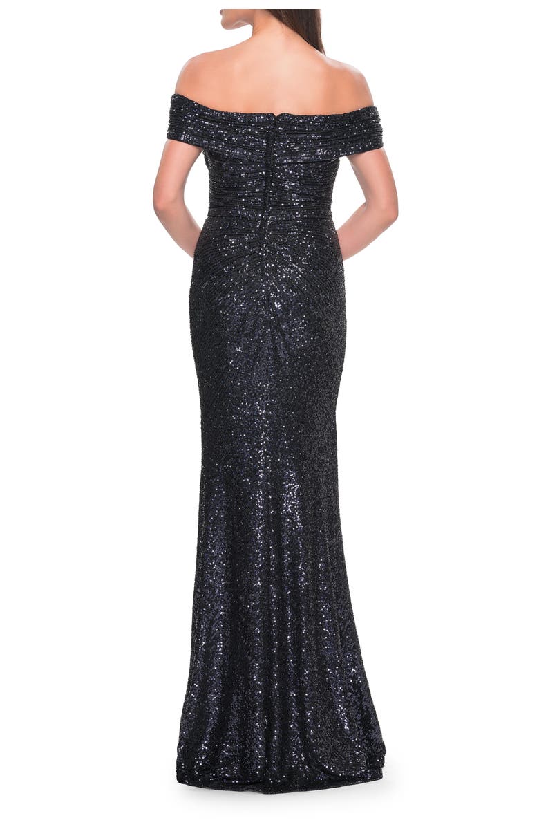 La Femme Off the Shoulder Sequin Gown with Ruching, Alternate, color, Navy