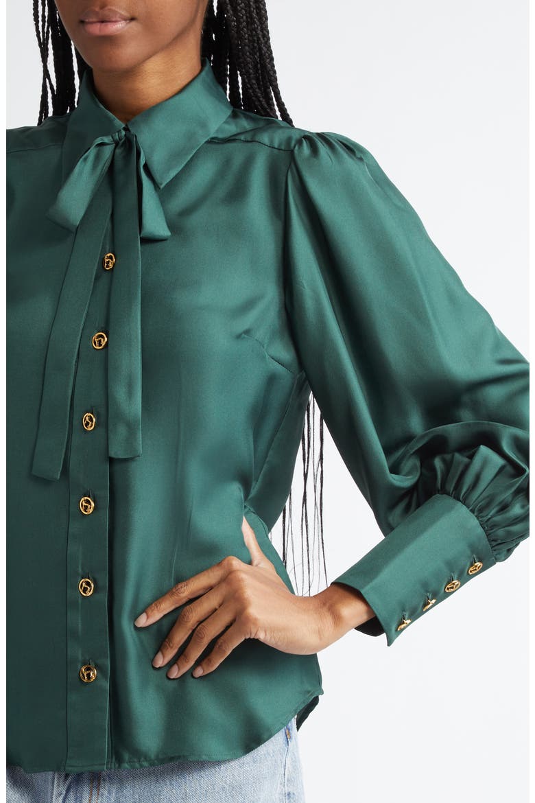 Silk Satin Tie Neck Button-Up Shirt, Alternate, color, PINE