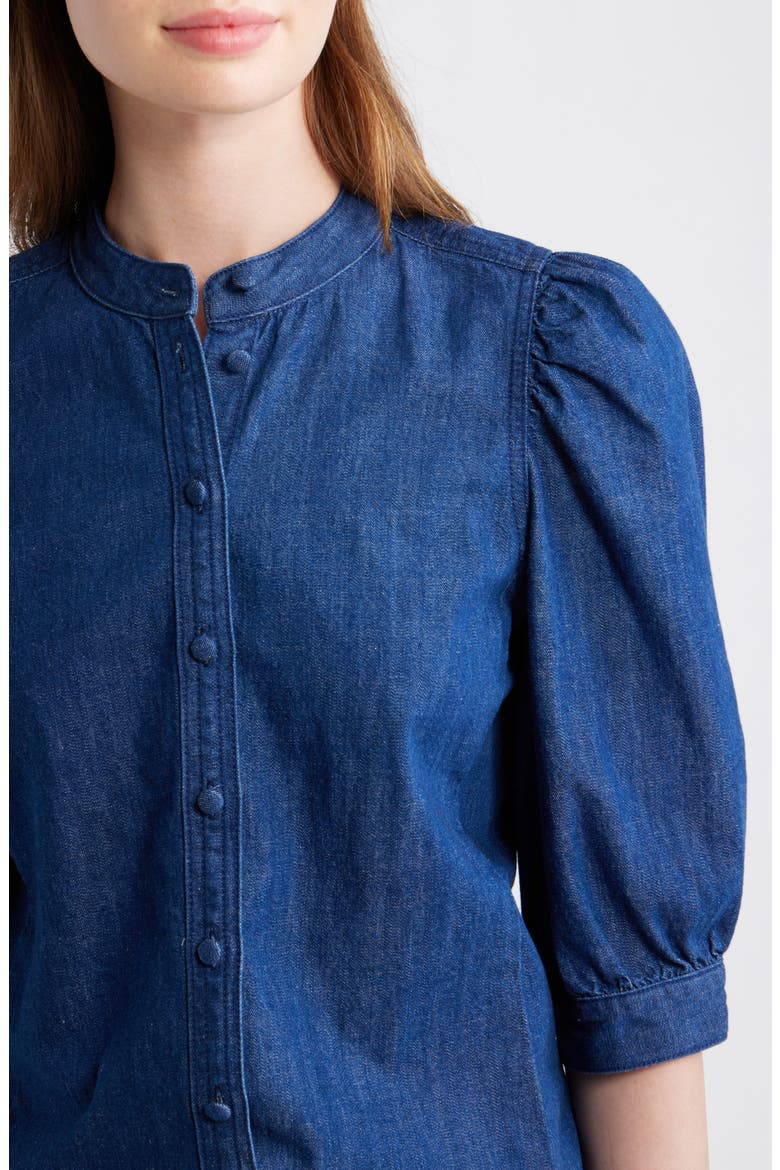 Denim Puff-Sleeve Band-Collar Shirt, Alternate, color, PLUMVILLE WASH