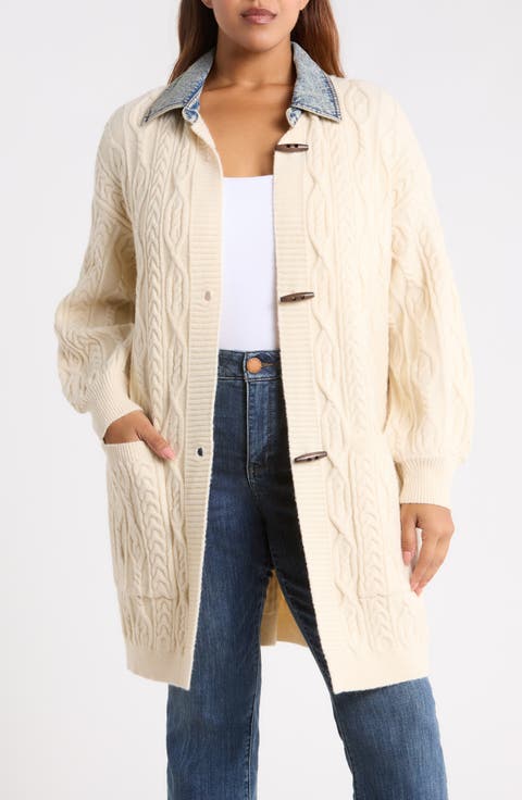 Denim Collar Cable Knit Cardigan