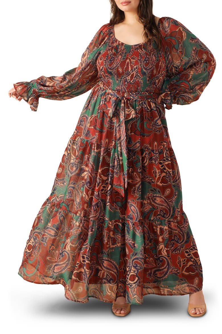 Paisley Smocked Long Sleeve Maxi Dress, Main, color, WINE/ TEAL
