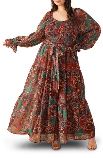 Flying Tomato Paisley Smocked Long Sleeve Maxi Dress In Red
