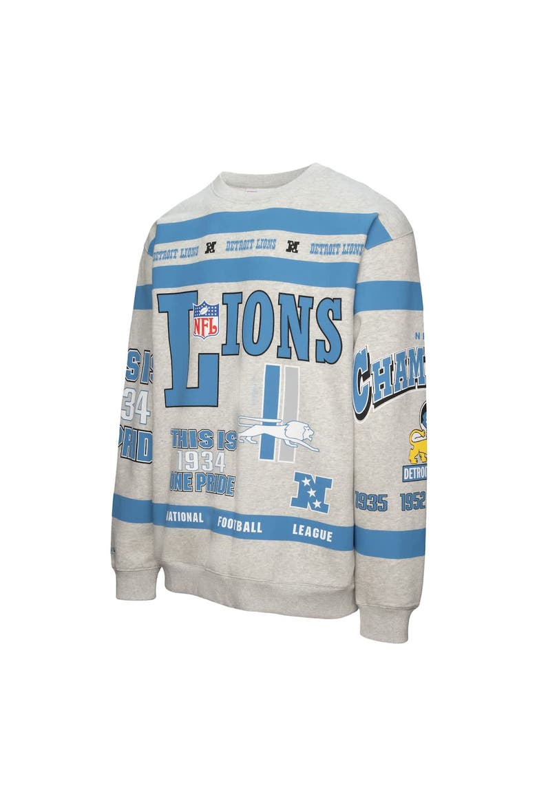 Men's Mitchell & Ness  Heather Gray Detroit Lions All Over Print Vintage Fleece Crewneck Sweatshirt, Alternate, color, Heather Gray