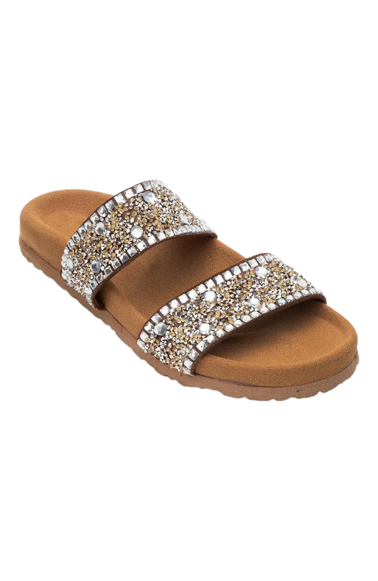 Forever & Always Shoes Jamie Leather Double Strap Slide Sandal with Stones, Main, color, Cognac Leather