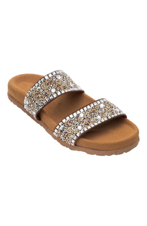 Jamie Leather Double Strap Slide Sandal with Stones